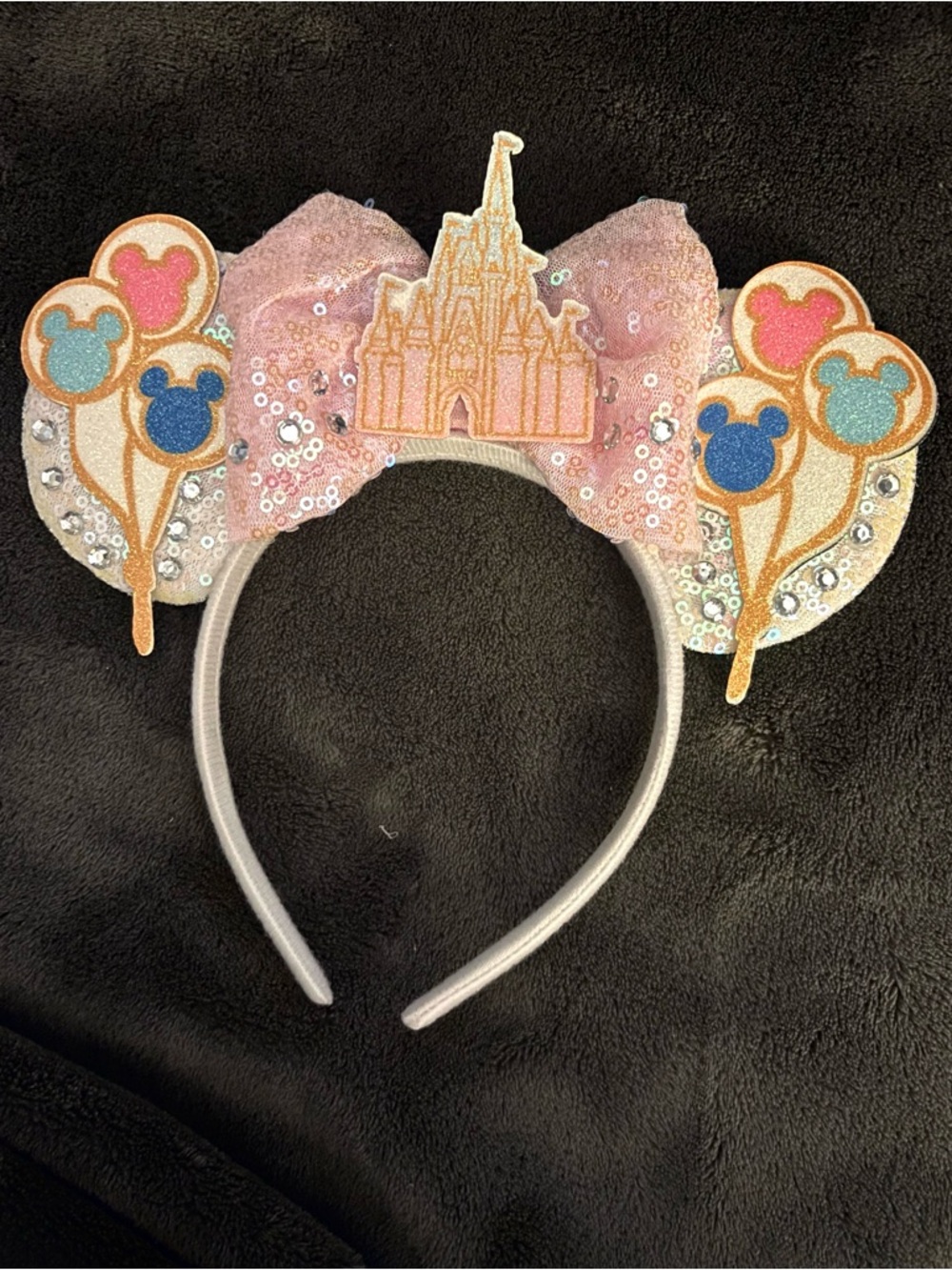Castle Minnie Mickey Mouse Ear Headband Pink with Sequins Bow Disney Parks